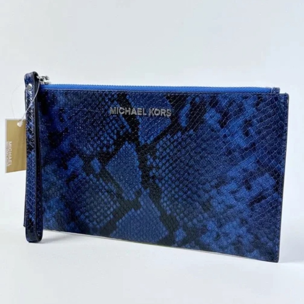 MICHAEL KORS ELECTRIC BLUE LEATHER JET SET LG ZIP CLUTCH WRISTLET NWT